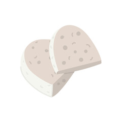 group of pieces of Feta cheese in a flat style, highlighted on a white background. A whole piece of pressed molded dairy product with sliced pieces. White Greek cottage cheese made from sheep's milk