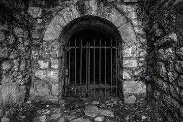 A timeless passageway depicted in monochrome, showcasing eroded rocks and rusty barriers