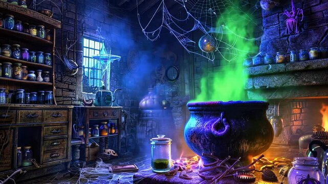 Mysterious halloween potion in spooky witch's cottage with glowing cauldron