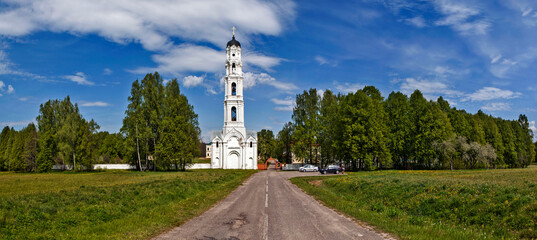 Obraz premium A tall bell tower 60 meters high. Pustynsky Holy Dormition Monastery. Mstislavsky District. Mogilev Region. Belarus