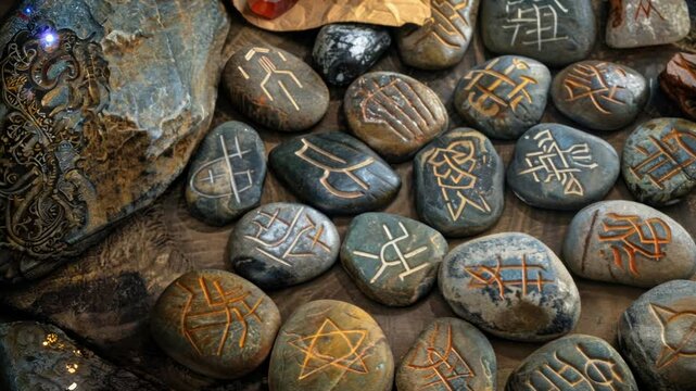 Ancient engraved runes on stone collection