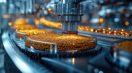 Close-up of a modern automated production line with small golden pills moving along a conveyor belt, being processed and inspected by a machine.