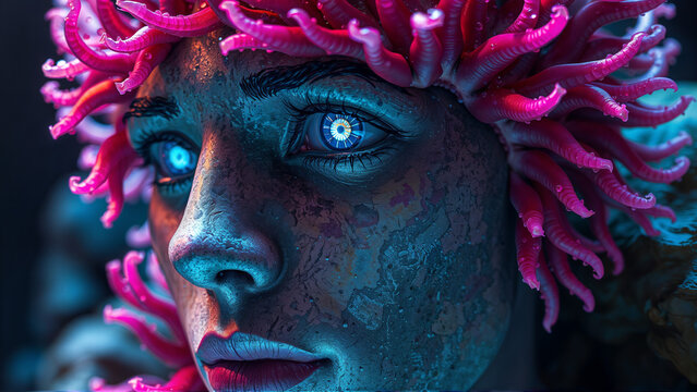 a closeup portrait of a man with face made of metal and stone. he has neon pink and blue bioluminescent sea anemones hair and glowing eyes