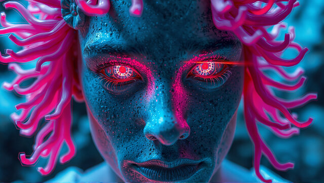 a human with red glowing eyes and a pink bioluminescent sea anemones hair. man made of stone