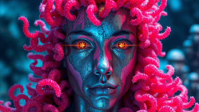 a man with red glowing eyes and a pink bioluminescent sea anemones hair. man made of metal