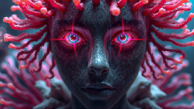a human with red glowing eyes and a pink bioluminescent sea anemones hair. woman made of stone 
