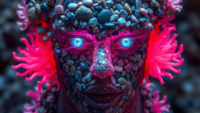 a man with blue glowing eyes and a pink bioluminescent sea anemones hair. man with face made of small stones