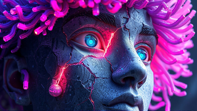 a human with glowing eyes and a pink bioluminescent sea anemones hair. man made of stone has cracks on a face
