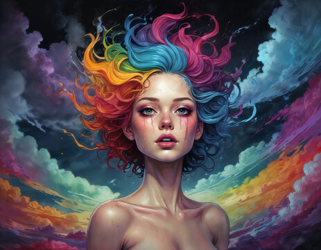 a painting of a woman with colorful hair.  sky with colorful clouds on a background