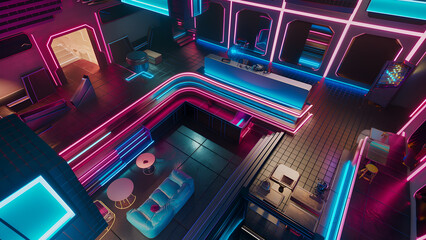 Obraz premium Cyberpunk RPG Battle Map for Sci-Fi DnD, Top-Down View Map for TTRPG Sessions, Urban Adventure Game Background with Neon Lights and Futuristic Cityscapes, Digital RPG Asset for Virtual Tabletop Play