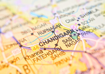 Naklejka premium Chandigarh on a map of India with blur effect.