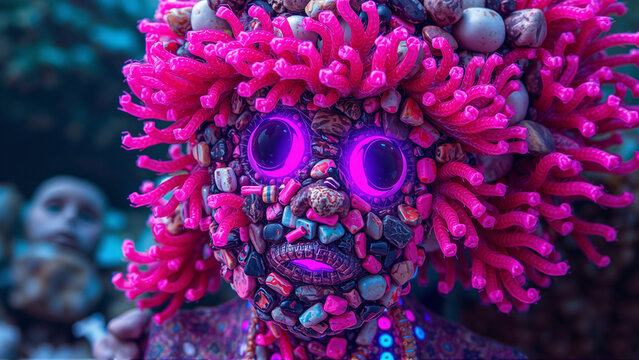 a face with big neon glowing eyes and a pink bioluminescent sea anemones hair. face made of small stones