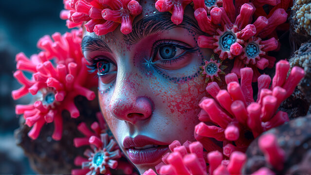 a woman pink bioluminescent sea anemones hair. 