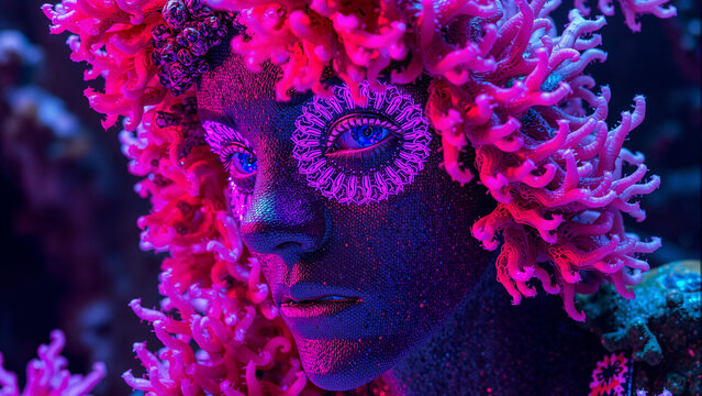 a underwater portrait of human with neon pink and blue bioluminescent sea anemones hair