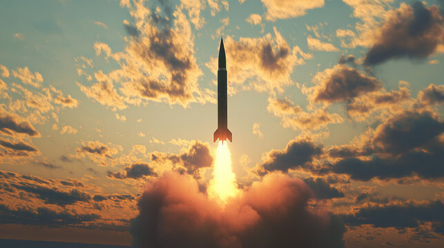 A Missile Flying Through the Sky with Smoke Trailing Behind in a Photo-Realistic Style