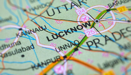 Lucknow on a map of India with blur effect.