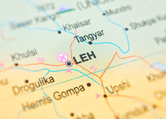 Leh on a map of India with blur effect.