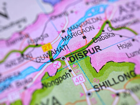 Dispur on a map of India with blur effect.