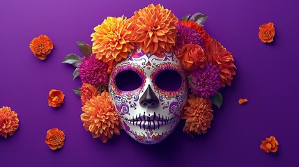 dia de los muertos festive Catrina mask with dahlias, roses and orange marigolds on a vibrant bold purple background