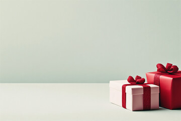 Two wrapped gifts with red ribbons are sitting on a table against a light green background with copy space