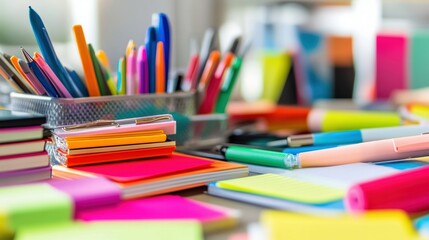 Cluttered Office Desk with Supplies and Stationery Items