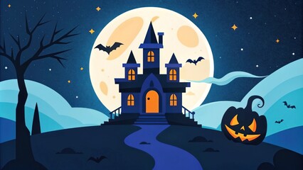 A spooky Halloween a haunted castle, full moon, bats, and a carved pumpkin, set against a dark night sky.