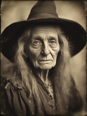 This is a vintage portrait of a witch, made to look like an old daguerreotype photograph. It was created using generative AI.