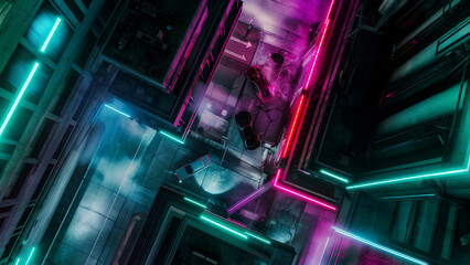 Obraz premium Futuristic Cyberpunk City Battle Map for DnD, Detailed Top-Down RPG Map, High-Resolution Sci-Fi Background for Virtual Tabletop Games, Neon-Soaked Urban Setting for Cyberpunk Campaigns and Adventures