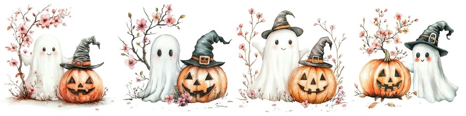 Watercolor of A whimsical Halloween scene featuring playful ghosts wearing hats, surrounded by carved pumpkins and autumn leaves, perfect for festive decorations.
