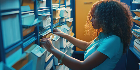 Patient Pursuer: A woman methodically searching through drawers filled with files.