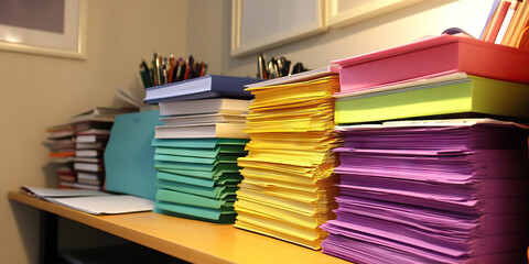 Organized Clutter: A desk lined with neat stacks of paper and color-coded folders.