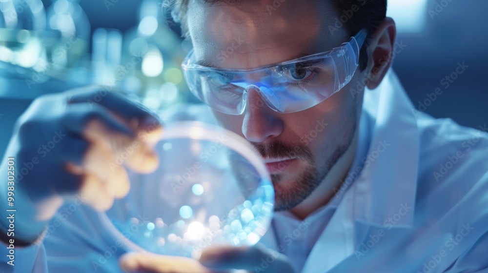 Poster A man in a lab coat is holding a magnifying glass over a small object