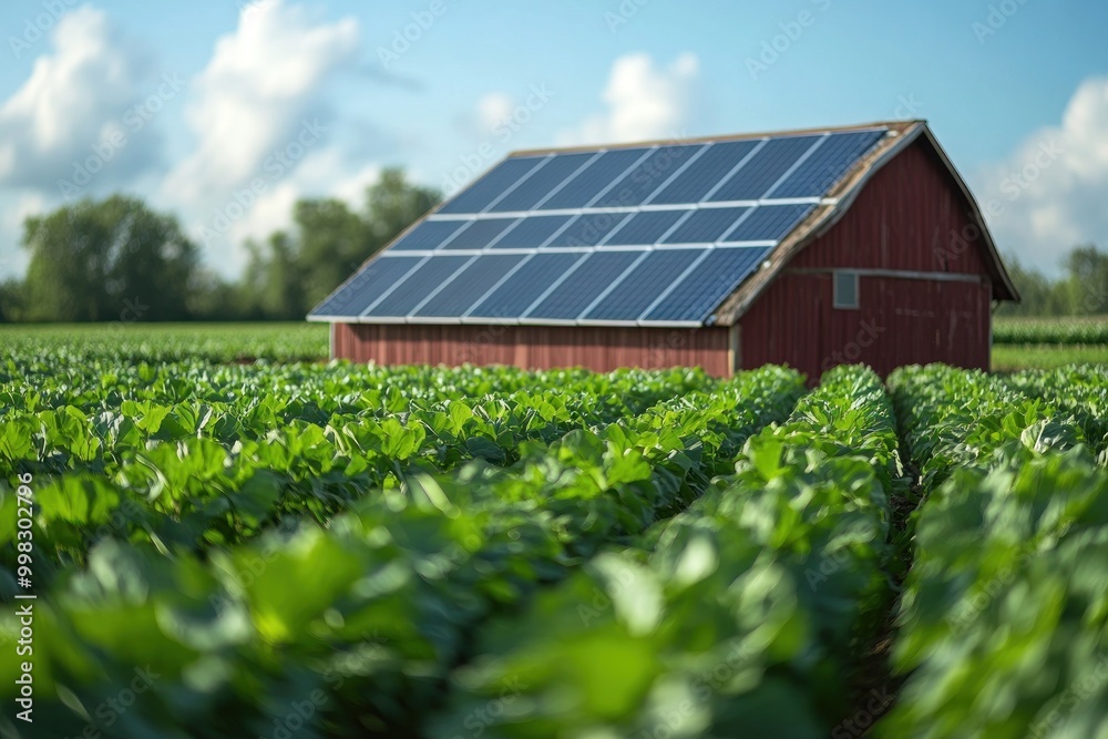 Poster A red barn with solar panels on the roof stands in a field of green plants under a blue sky with white clouds.