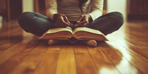 Eager Reader: A person lost in thought while reading an open book on the floor.