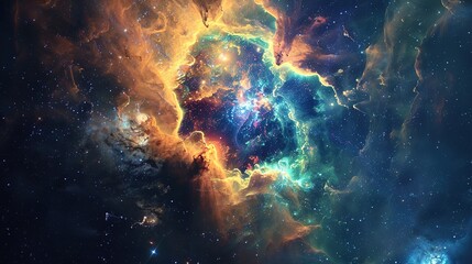 Illustration of a space cosmic background of supernova nebula and stars, glowing mysterious universe