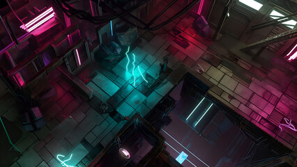 Fototapeta premium Futuristic Cyberpunk City Battle Map for DnD, Detailed Top-Down RPG Map, High-Resolution Sci-Fi Background for Virtual Tabletop Games, Neon-Soaked Urban Setting for Cyberpunk Campaigns and Adventures