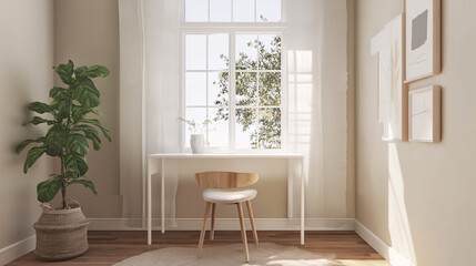 Minimalist office nook with a small white desk and chair placed next to a large window. Natural light fills the room, reflecting off the neutral walls and simple decor