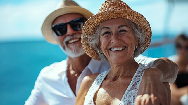 Happy 70s elderly couple enjoying a cruise on a luxury ship, relaxed and content. Travel agencies, cruise lines, retirement services.