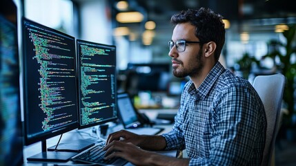 Innovative male software engineer working on code in a modern office, focused and tech-savvy. Tech companies, software development, coding bootcamps.