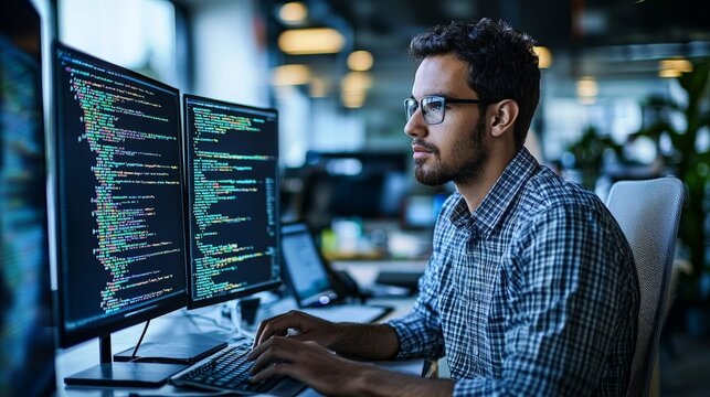 Innovative male software engineer working on code in a modern office, focused and tech-savvy. Tech companies, software development, coding bootcamps.