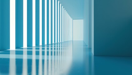 Modern interior hallway with blue walls and bright vertical light beams illuminating the space