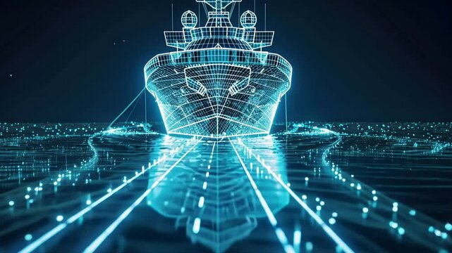 Futuristic digital ship navigating virtual ocean in neon blue wireframe