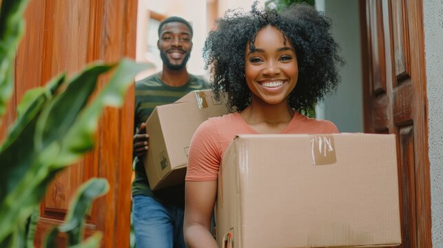 Joyful young couple in their moving into a new home, carrying boxes, excited for the future. Real estate, moving services, home insurance.