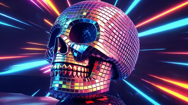 Vibrant disco skull with colorful neon light rays in a dark setting