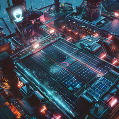Fototapeta premium Futuristic Cyberpunk City Battle Map for DnD, Detailed Top-Down RPG Map, High-Resolution Sci-Fi Background for Virtual Tabletop Games, Neon-Soaked Urban Setting for Cyberpunk Campaigns and Adventures