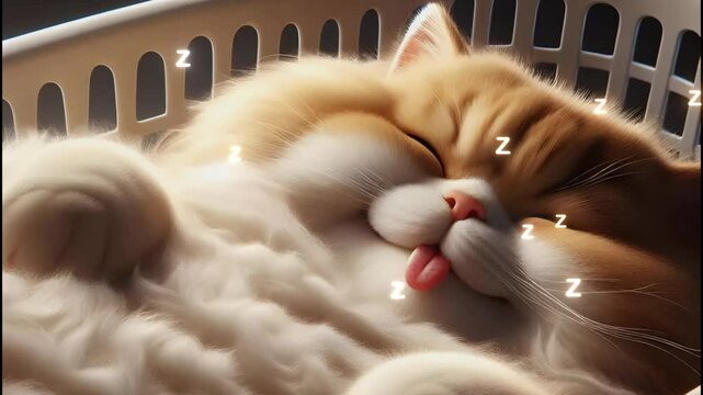 16 seconds sleeping naptime slumber dozing off resting video of fat rotund kitty cat feline in basket