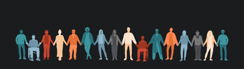 Different people standing and holding hands together.
