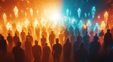 A crowd of diverse people, with one person glowing in the center as if they are being illuminated by light from above