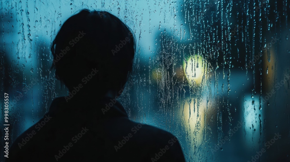 Poster a solitary figure stands by a rain-covered window, immersed in thoughts as droplets trickle down the