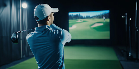 Professional male golfer using indoor golf simulator